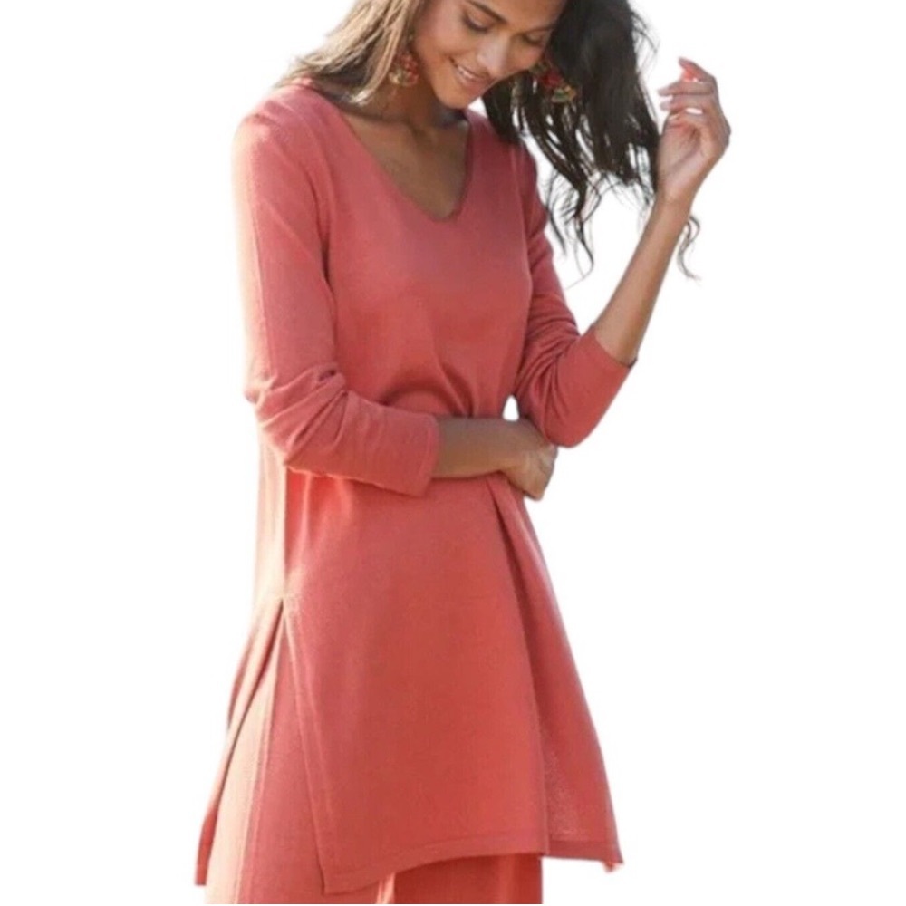 Peruvian Connection Gabrielle Coral Orange V-Neck Tunic Sweater - L